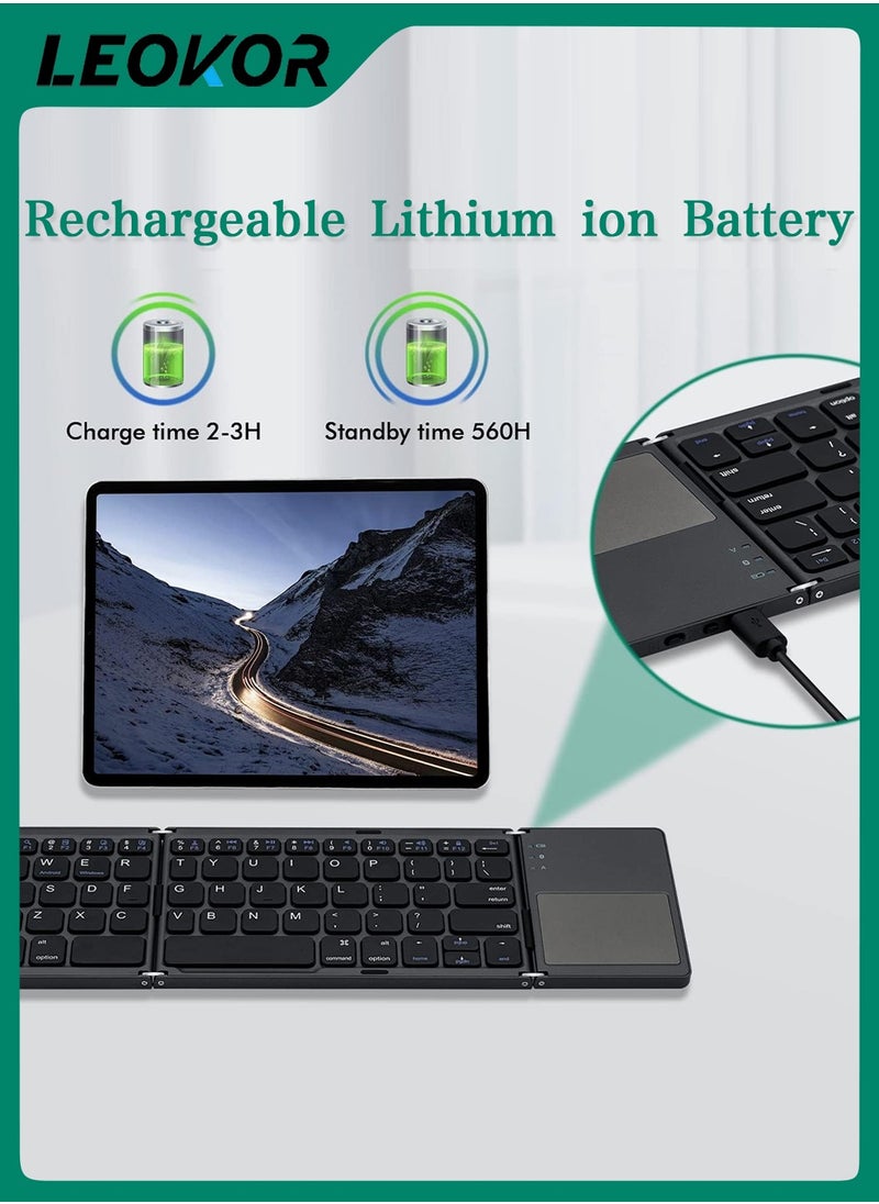 LEOKOR - Rechargeable Foldable Bluetooth Keyboard,Portable Folding Wireless Tri-Keyboard with Touchpad,for Mobile Device Compatible with Tablet/Mobile Phone/PC (Gray) - Image 1