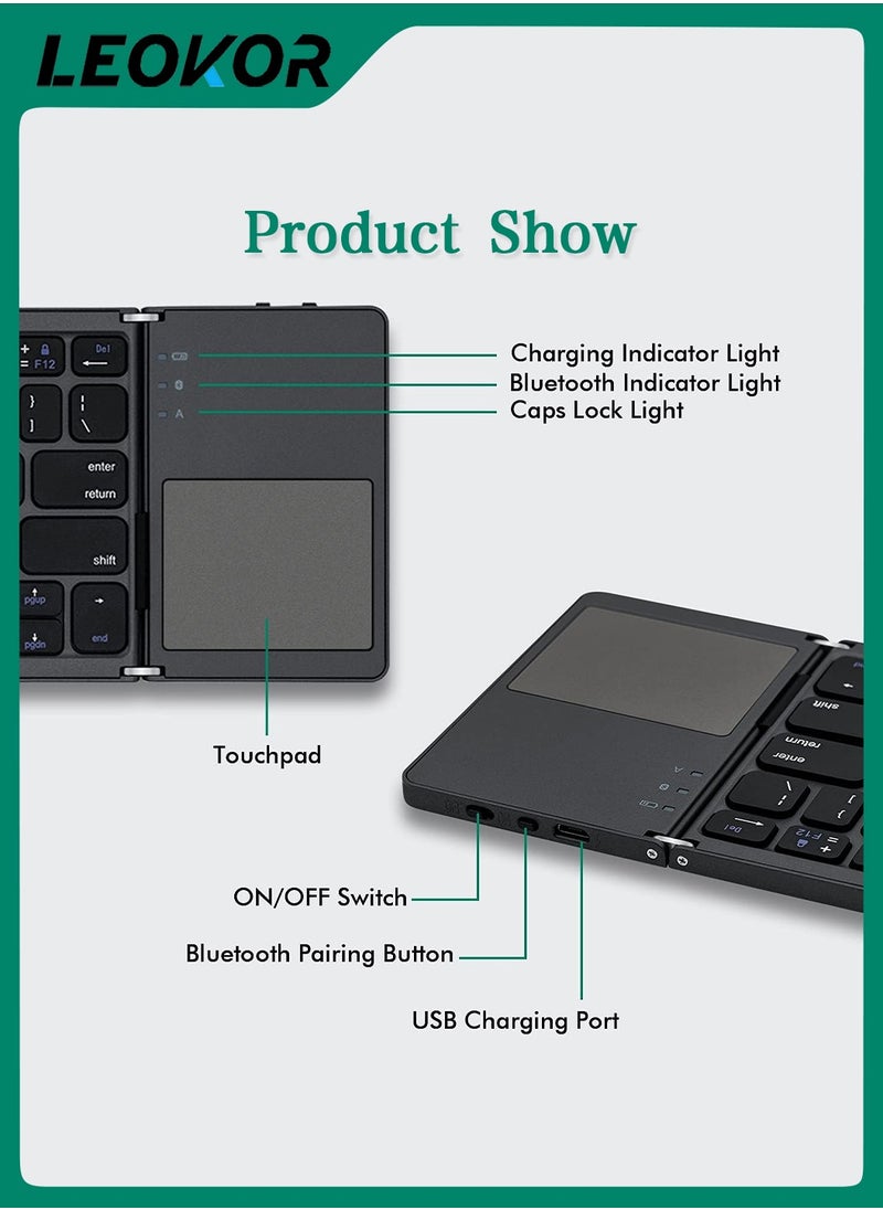 LEOKOR - Rechargeable Foldable Bluetooth Keyboard,Portable Folding Wireless Tri-Keyboard with Touchpad,for Mobile Device Compatible with Tablet/Mobile Phone/PC (Gray) - Image 1