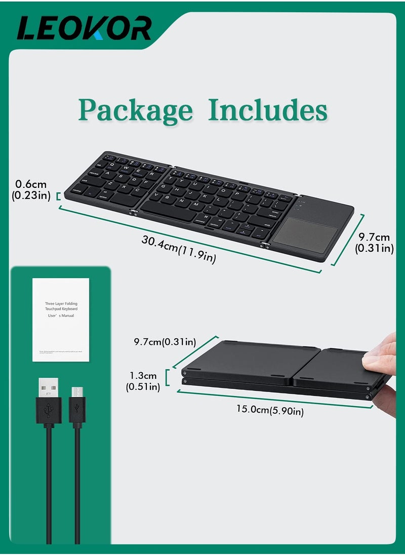 LEOKOR - Rechargeable Foldable Bluetooth Keyboard,Portable Folding Wireless Tri-Keyboard with Touchpad,for Mobile Device Compatible with Tablet/Mobile Phone/PC (Gray) - Image 1