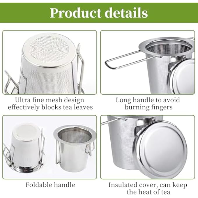 nalaina 2Pcs 304 Stainless Steel Tea Infuser With Lid Extra Fine Mesh Strainer For Loose Leaf Tea Foldable Handle Tea Steeper For Cups Mugs  Teapots Dishwasher Safe - Image 4