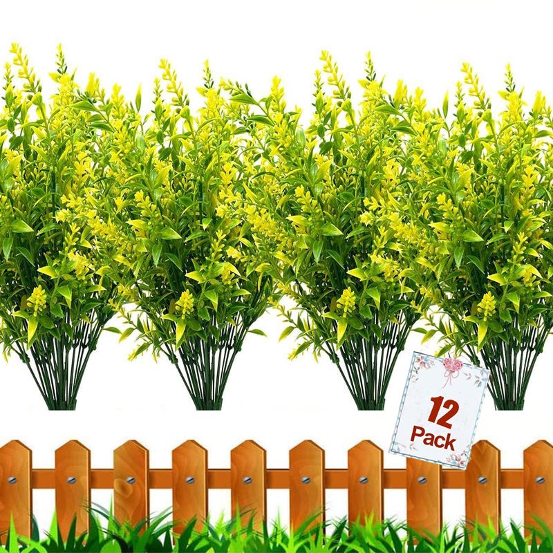 HBell 12 Bundles Outdoor Artificial Flowers UV Resistant Fake Boxwood Plants Faux Plastic Greenery for Indoor Outside Hanging Plants Garden Porch Window Box Home Wedding Farmhouse Decor Yellow