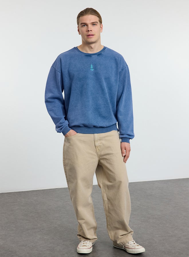 trendyol Indigo Oversize/Wide Cut Faded Effect Mystic Themed Unshaded Sweatshirt - Image 2