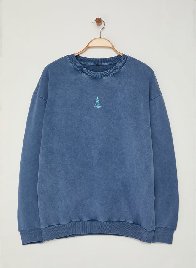 trendyol Indigo Oversize/Wide Cut Faded Effect Mystic Themed Unshaded Sweatshirt - Image 5