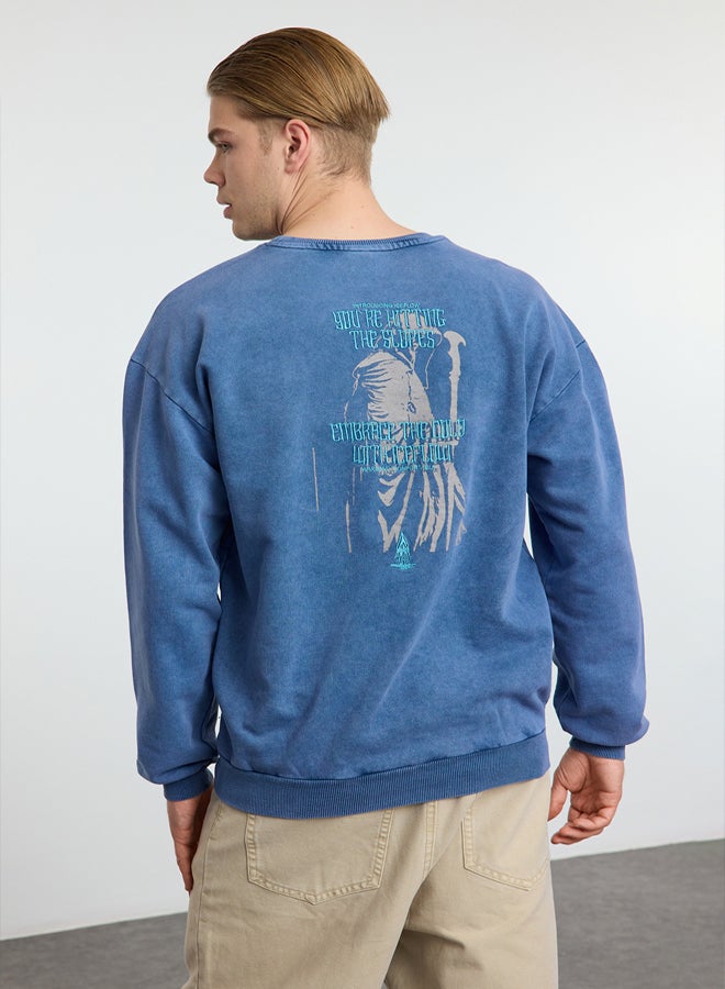 trendyol Indigo Oversize/Wide Cut Faded Effect Mystic Themed Unshaded Sweatshirt - Image 1