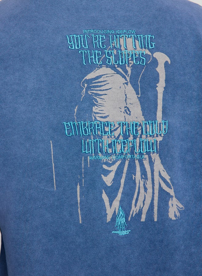 trendyol Indigo Oversize/Wide Cut Faded Effect Mystic Themed Unshaded Sweatshirt - Image 4