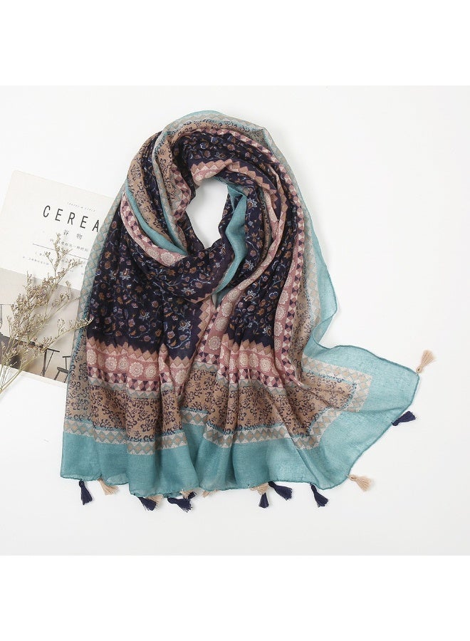 Bohemian Floral Print Hijab Scarf with Tassels