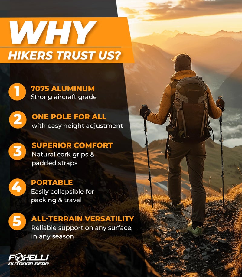 Foxelli Trekking Poles â€“ Lightweight Collapsible Aircraft Grade Aluminum Hiking Poles with Cork Grips Quick Locks & All-Terrain Accessories â€“ Pair of 2 - Image 2