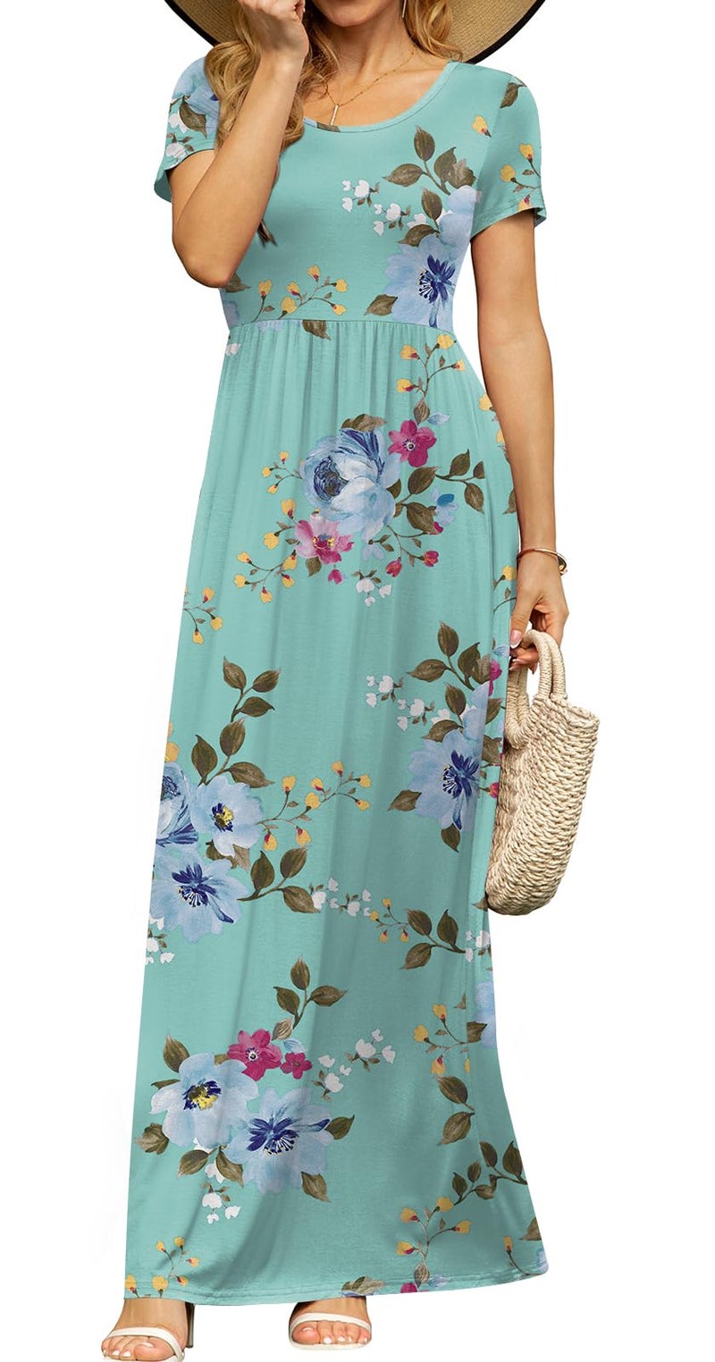 DB MOON Womens 2026 Casual Summer Maxi Dresses Short Sleeve Empire Waist Spring Long Dress with Pockets(Mint Green Floral, L) - Image 3