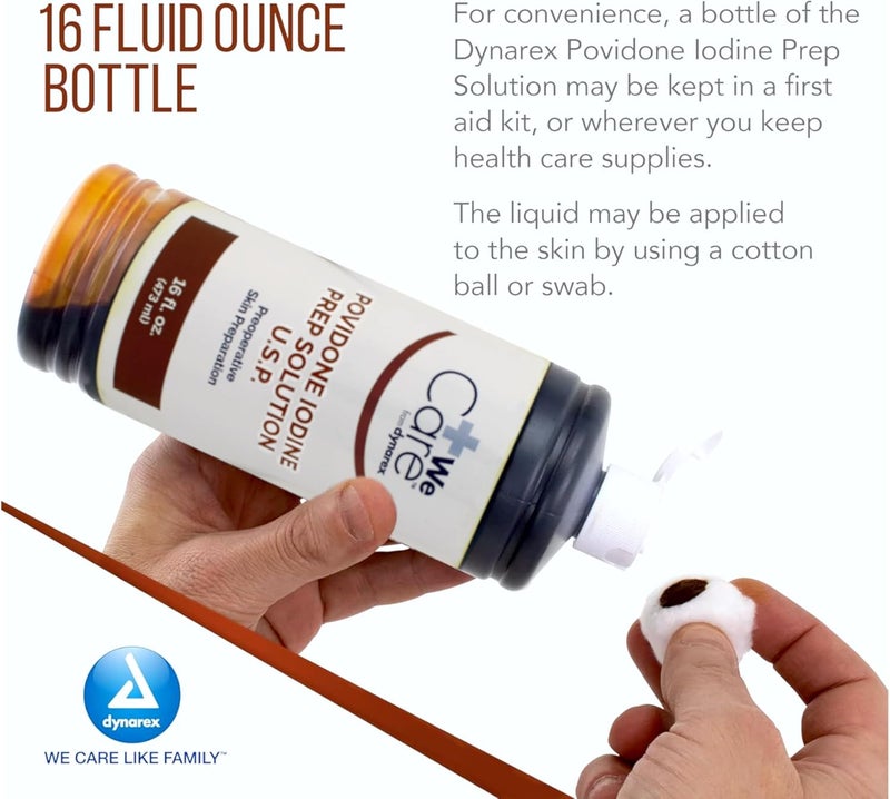 Dynarex Povidone Iodine Prep Solution USP, Effective Topical Antiseptic Liquid for Skin and Mucosa, Cleansing and Preparation, Brown, 1 - 16 Fluid Oz. Bottle - Image 2