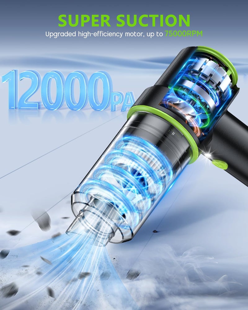 CODN Handheld Car Vacuum Portable Cordless, 12000PA Handheld Air Duster with Multi-Nozzles and LED Light, Mini Hand Held Vacuum Rechargeable for Home, Car, Office, Pet Hair - Image 2