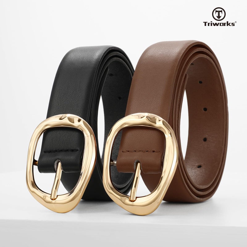TRIWORKS 2 Pack Leather Belts for Women Fashion Waist Belt with Liquid Shapes Women Belt for Jeans Pants Dresses - Image 2
