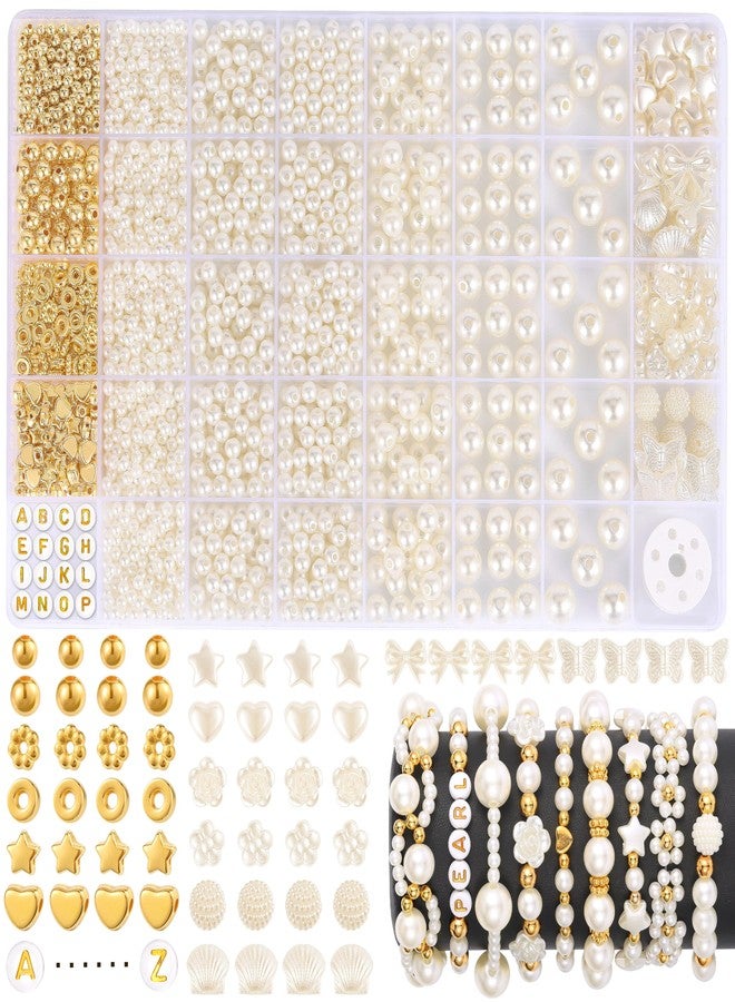 Funtopia 1860pcs Pearl Beads for Crafting, Round White Pearls Bracelet Jewelry Making, 4mm 6mm 8mm 10mm 12mm Pearl Bead with Gold Spacer Bead for Craft Decoration Jewellery Making - Image 1