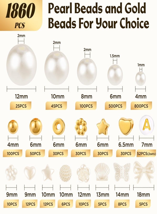 Funtopia 1860pcs Pearl Beads for Crafting, Round White Pearls Bracelet Jewelry Making, 4mm 6mm 8mm 10mm 12mm Pearl Bead with Gold Spacer Bead for Craft Decoration Jewellery Making - Image 4