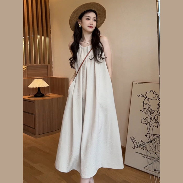 Sleeveless Vest dress Children Summer 2024 New Seaside Vacation High-end Hanging Neck Strap Beach Long Dress Apricot