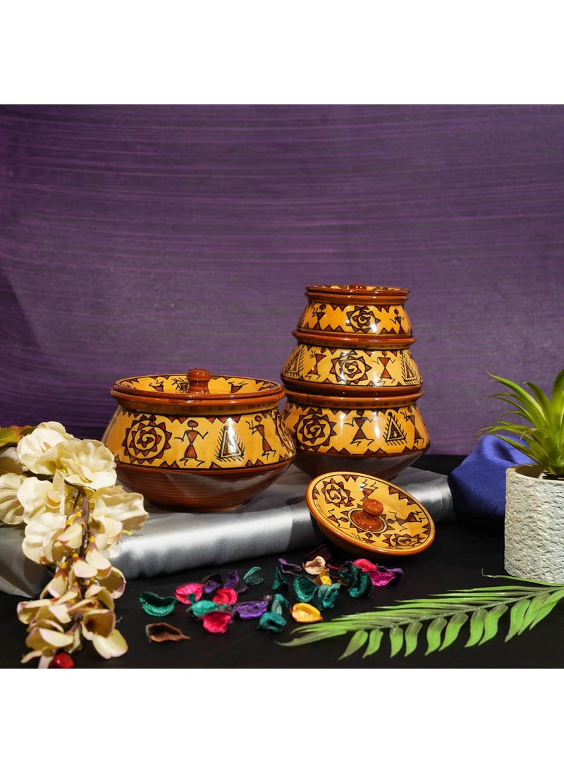 Caffeine - Caffeine Mustard Romani Hand Painted Ceramic Biryani Handi Biryani Pot Ceramic Handi with Lids Set & Dahi Handi (Set of 4, Dishwasher & Microwave Safe) - Image 1