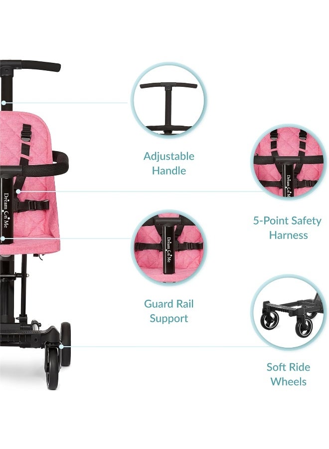 Dream On Me Lightweight and Compact Coast Rider Stroller with One Hand Easy Fold, Adjustable Handles and Soft Ride Wheels, Pink - Image 4
