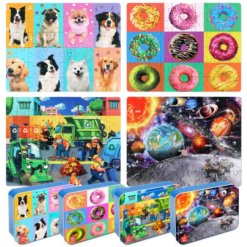 LELEMON Puzzles for Kids Ages 464Pack 60 Piece Puzzles for Kids Ages 48 in a Metal BoxDonut Dogs Space Garbage Truck Educational Jigsaw Puzzles Puzzle Games Puzzle Toys for Girls and Boys - Image 3