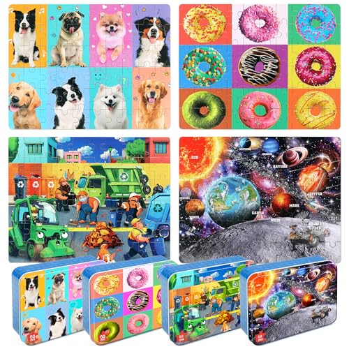 LELEMON Puzzles for Kids Ages 464Pack 60 Piece Puzzles for Kids Ages 48 in a Metal BoxDonut Dogs Space Garbage Truck Educational Jigsaw Puzzles Puzzle Games Puzzle Toys for Girls and Boys - Image 1