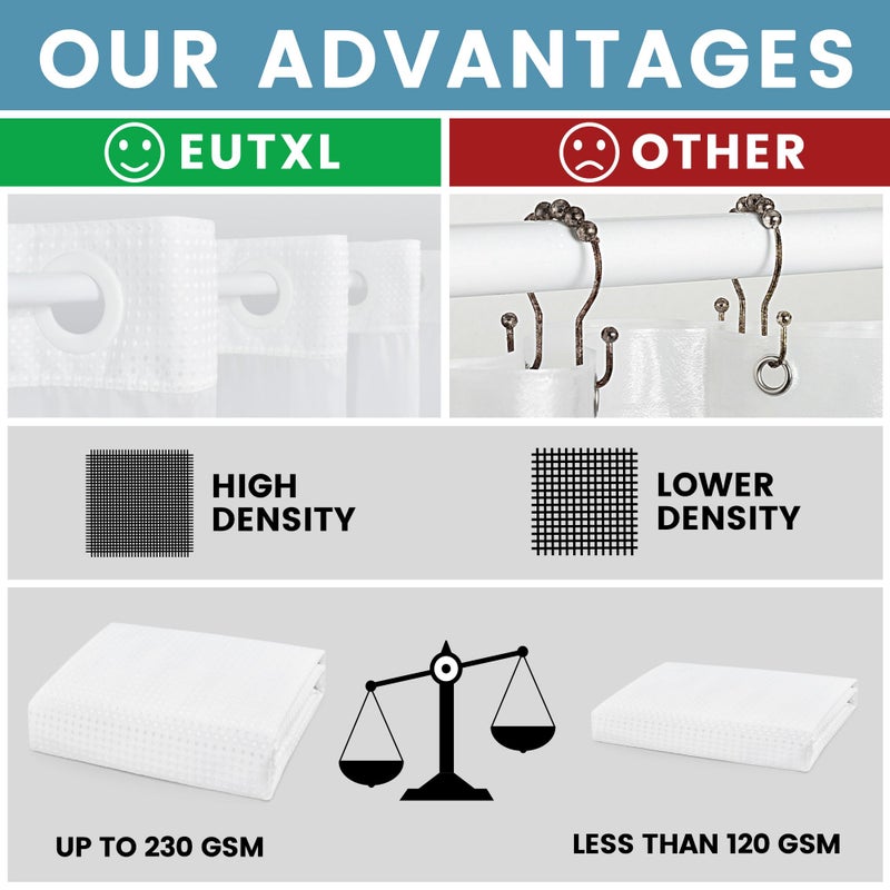EUTXL White No Hook Shower Curtain with Snap in Liner,230GSM Waffle Weave Shower Curtains for Bathroom,71W x 74H - Image 2