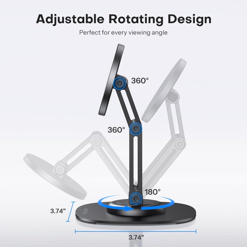 OMOTON 360Â°Rotating Magnetic Phone Stand for Desk, Adjustable Foldable Aluminum for MagSafe Cell Phone Stand Holder with Non-Slip Base, for iPhone 17/16/15/14 Pro Max Air/MagSafe Case- Black - Image 4