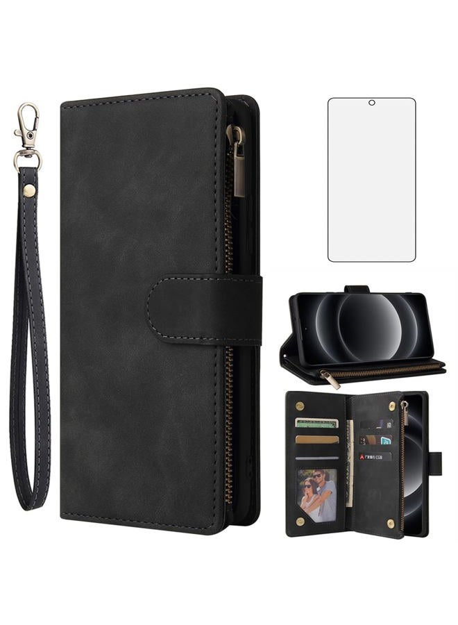 Asuwish Compatible with Xiaomi 14 Ultra 5G Wallet Case Tempered Glass Screen Protector and Leather Flip Cover Card Holder Stand Cell Accessories Protective Phone Cases for Mi 14Ultra Women Men Black - Image 1
