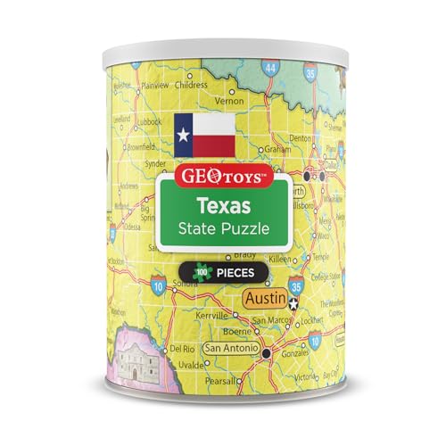 Geotoys Texas Mini State Puzzle 100 Piece Puzzles for Kids and Adults in Portable Can 13 x 10 Educational Travel Puzzle for Ages 7 and Up Mini Puzzles to Learn Explore Geography - Image 1