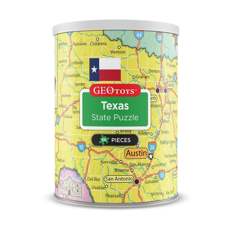 Geotoys Texas Mini State Puzzle 100 Piece Puzzles for Kids and Adults in Portable Can 13 x 10 Educational Travel Puzzle for Ages 7 and Up Mini Puzzles to Learn Explore Geography - Image 3