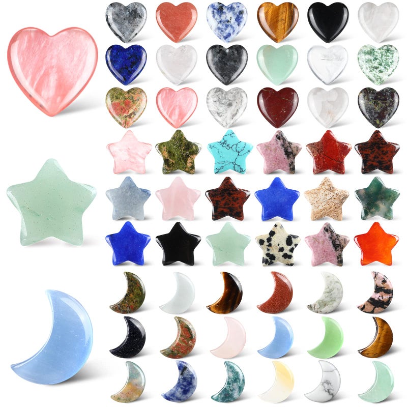 Nuenen Nuenen 54 Pcs Worry Stones Bulk Heart Moon Star Natural Crystal Stone Tiny Healing Crystals Gemstones Assorted Thumb Quartz Crystal Rock for Mothers Gift Meditation BalancingVivid Color 