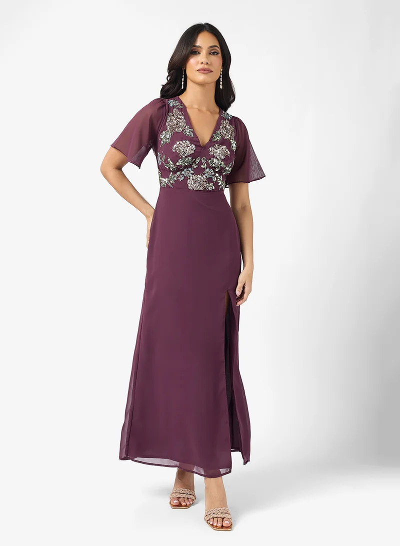 Maya Contrast Floral Angel Sleeve Maxi Dress