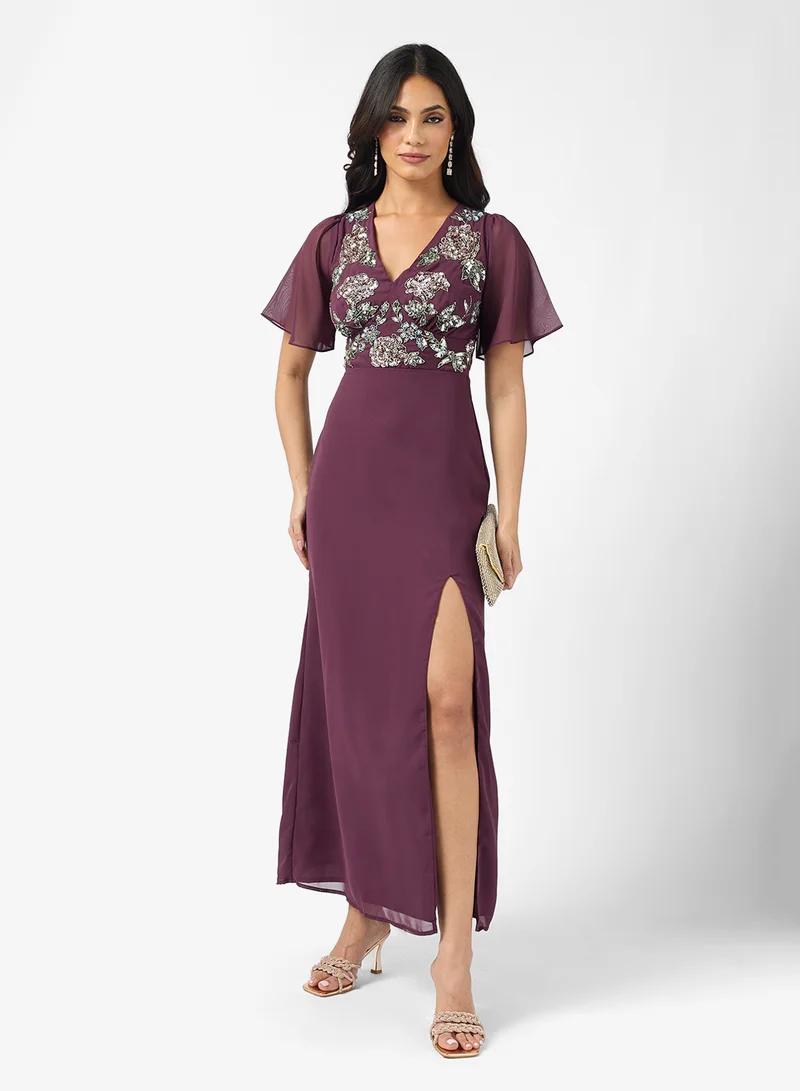 Maya Contrast Floral Angel Sleeve Maxi Dress