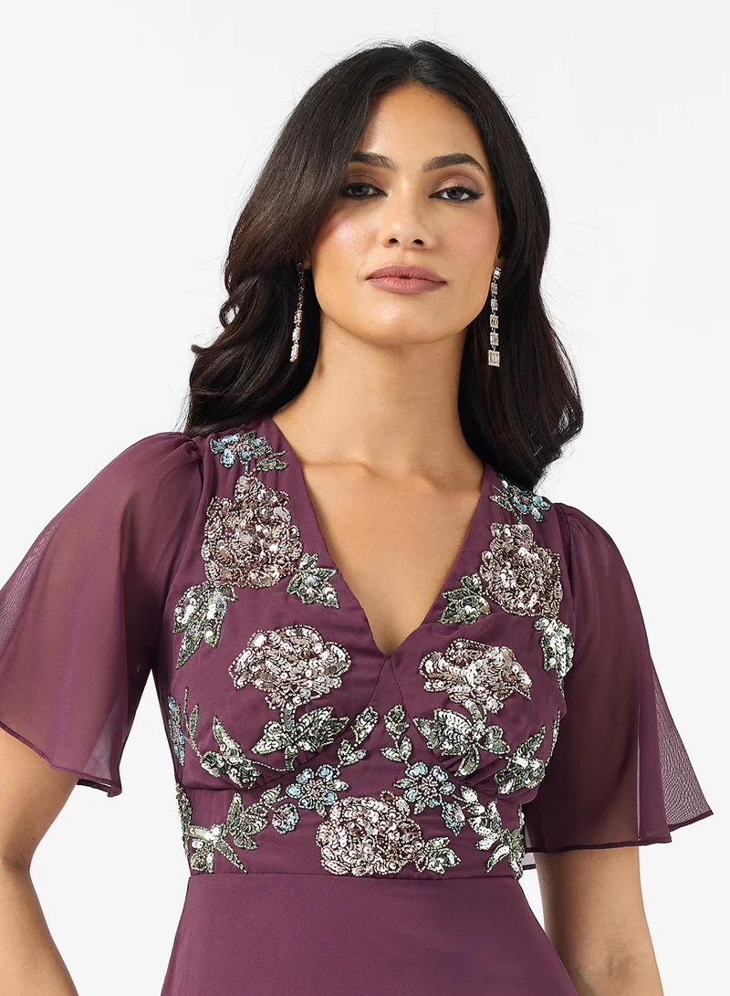 Maya Contrast Floral Angel Sleeve Maxi Dress