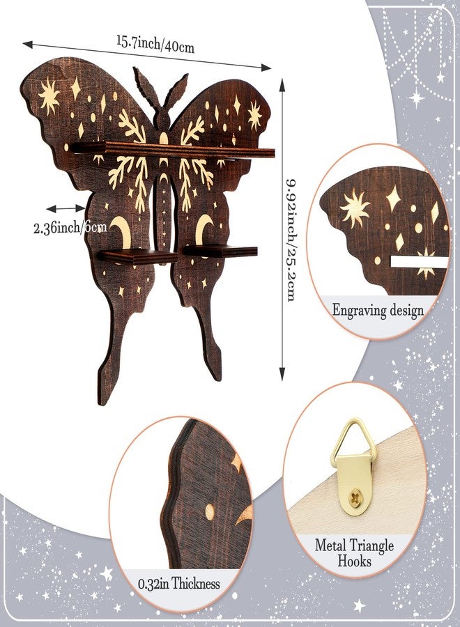 Yulejo Crystal Shelf Display Rustic Wooden Cat Moon Shelves Moth Hamsa Hand Wolf Crystal Holder Shelves Wooden Floating Shelf for Rock Gemstones Meditation Spiritual Gift for Home Bedroom (Moth) - Image 2