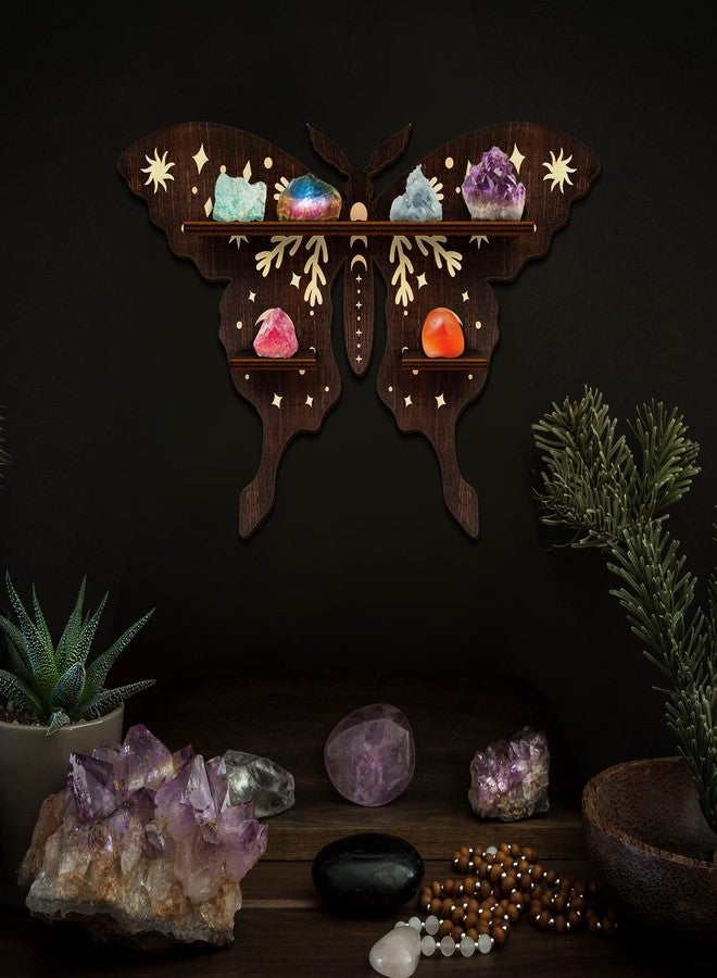 Yulejo Crystal Shelf Display Rustic Wooden Cat Moon Shelves Moth Hamsa Hand Wolf Crystal Holder Shelves Wooden Floating Shelf for Rock Gemstones Meditation Spiritual Gift for Home Bedroom (Moth) - Image 5