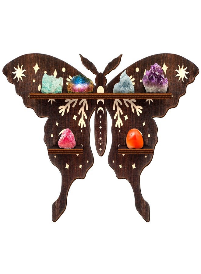 Yulejo Crystal Shelf Display Rustic Wooden Cat Moon Shelves Moth Hamsa Hand Wolf Crystal Holder Shelves Wooden Floating Shelf for Rock Gemstones Meditation Spiritual Gift for Home Bedroom (Moth) - Image 1