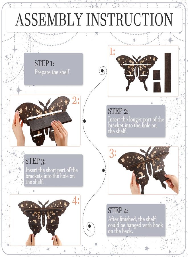 Yulejo Crystal Shelf Display Rustic Wooden Cat Moon Shelves Moth Hamsa Hand Wolf Crystal Holder Shelves Wooden Floating Shelf for Rock Gemstones Meditation Spiritual Gift for Home Bedroom (Moth) - Image 3