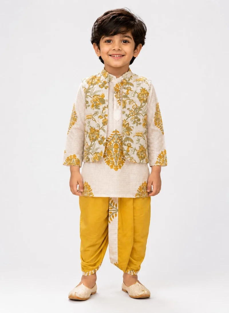 بيبي كلو Boys White Floral Kurta, Printed Koti and Mustard Dhoti Set