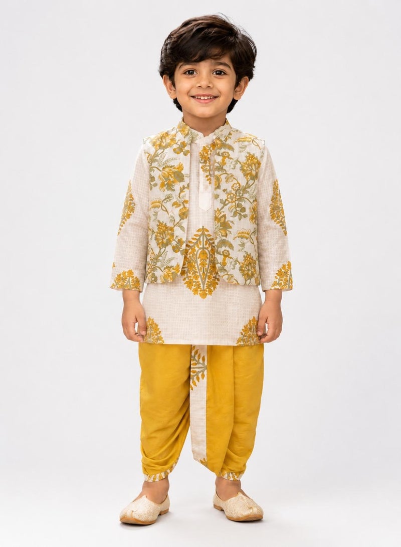 babyqlo Boys White Floral Kurta, Printed Koti and Mustard Dhoti Set - Image 1