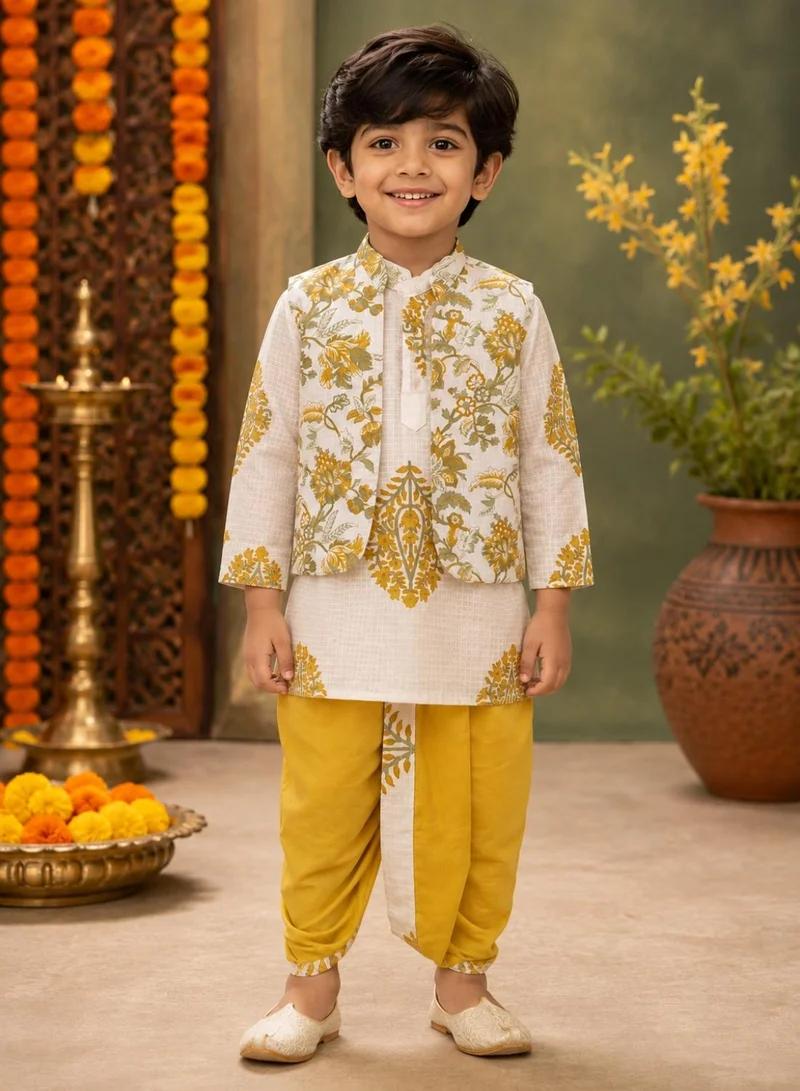 بيبي كلو Boys White Floral Kurta, Printed Koti and Mustard Dhoti Set