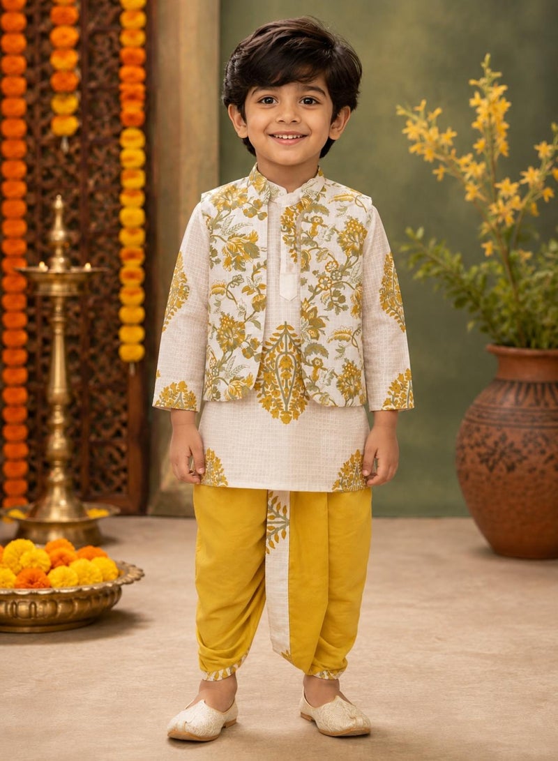 babyqlo Boys White Floral Kurta, Printed Koti and Mustard Dhoti Set - Image 2
