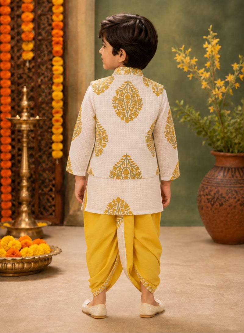 babyqlo Boys White Floral Kurta, Printed Koti and Mustard Dhoti Set - Image 3
