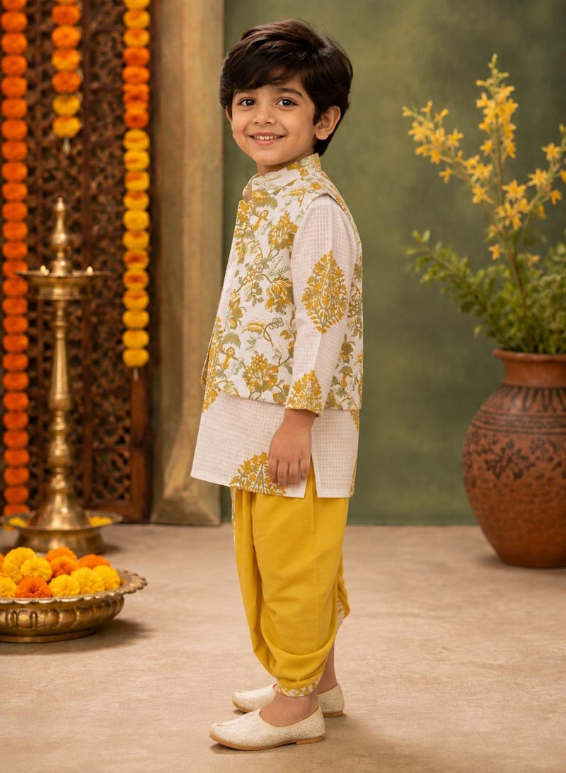 babyqlo Boys White Floral Kurta, Printed Koti and Mustard Dhoti Set - Image 4