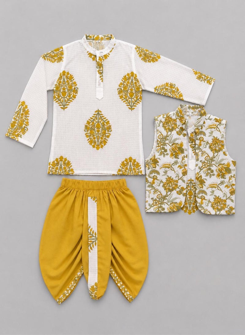 babyqlo Boys White Floral Kurta, Printed Koti and Mustard Dhoti Set - Image 5