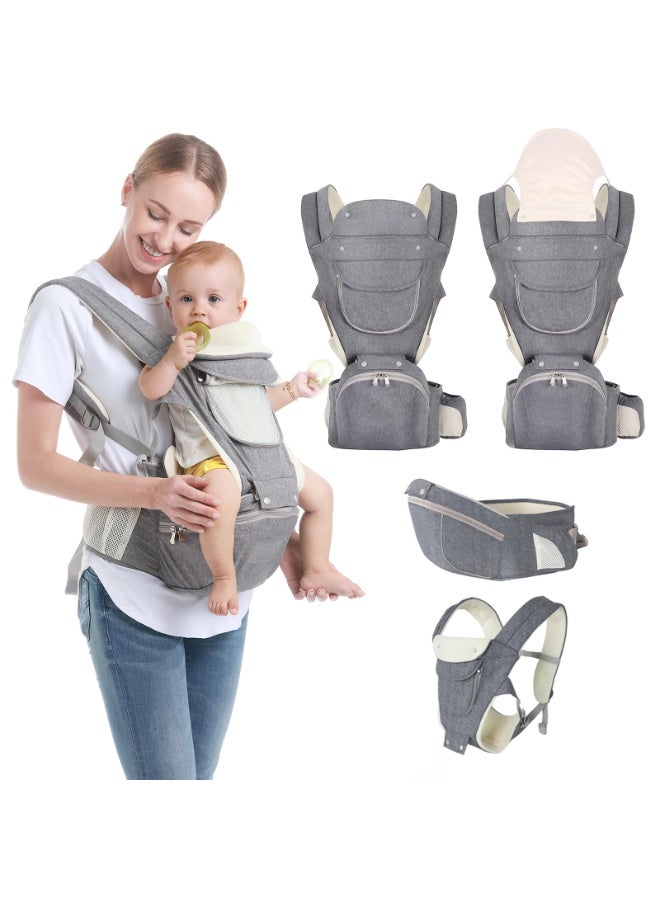Baby Carrier, 6-In-1 Newborn To Toddler Carrier (7-50 Pounds), Front And Rear Straps, With Detachable Hip Seat, Soft And Adjustable, Suitable For All Seasons, Perfect For Parents, Shopping And Travel (Gray) - Image 1