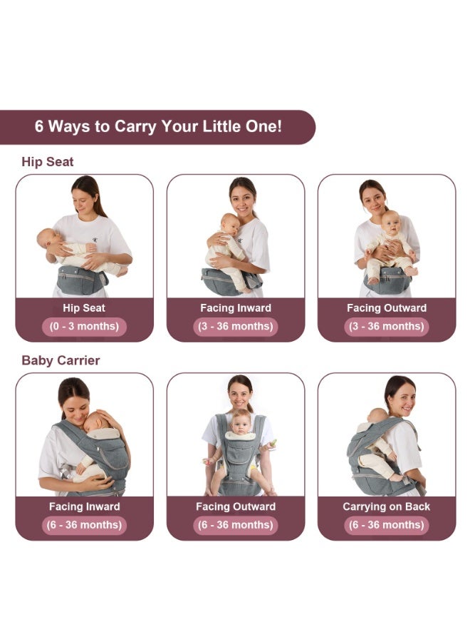 Baby Carrier, 6-In-1 Newborn To Toddler Carrier (7-50 Pounds), Front And Rear Straps, With Detachable Hip Seat, Soft And Adjustable, Suitable For All Seasons, Perfect For Parents, Shopping And Travel (Gray) - Image 4