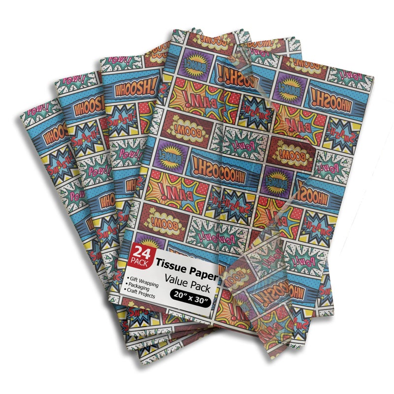 Pro Supply Global Superhero Comic Book Printed Tissue Paper for Boy's Gift Bags or Boxes and Wrapping - Bulk Decorative Art Tissue Paper for Packaging and Gifting | 24 Sheets 20" x 30" - Image 1