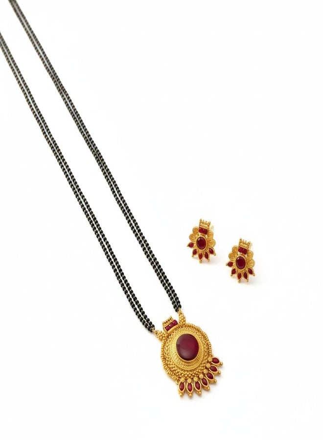 AAIKU Traditional Maharashtrian Stone Round Pendant Mangalsutra with Earrings | Antique Gold Plated Black Bead Long Chain | Temple Design Bridal Jewelry for Women & Girls (Red, 36 Inch- 2 Line) - Image 1