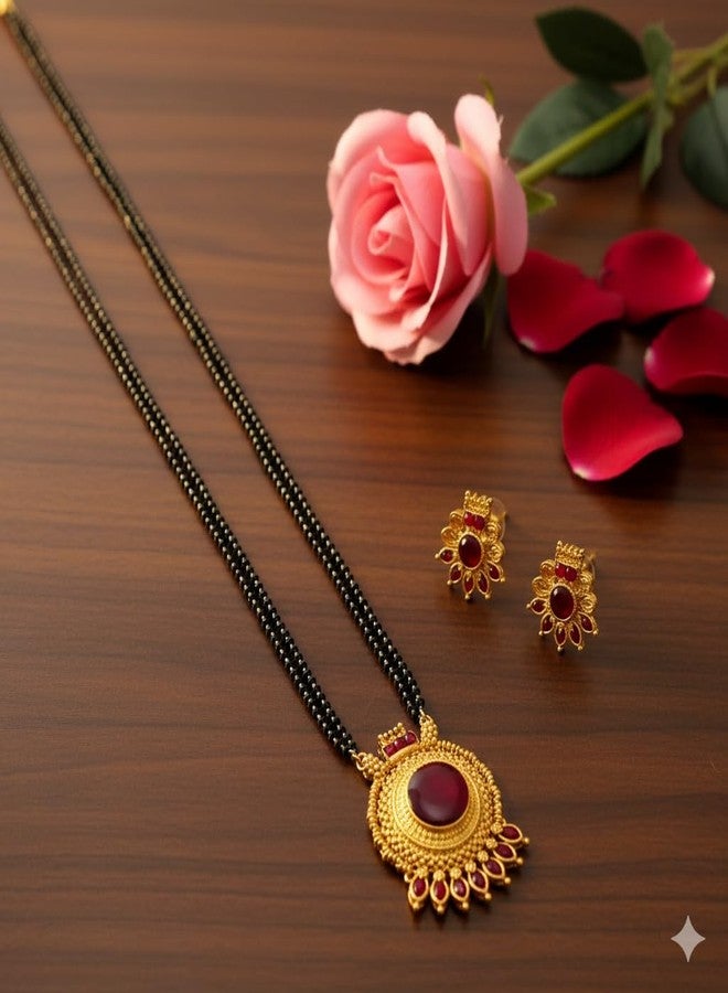 AAIKU Traditional Maharashtrian Stone Round Pendant Mangalsutra with Earrings | Antique Gold Plated Black Bead Long Chain | Temple Design Bridal Jewelry for Women & Girls (Red, 36 Inch- 2 Line) - Image 4
