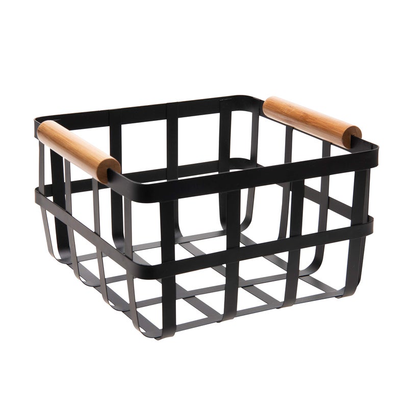 Simplify Square Metal Storage Basket with Bamboo Handles  Medium  Farmhouse Style Wire Basket  Home Organizer  Decorative  Rustic  Black