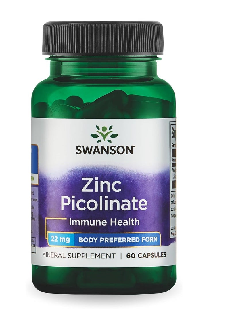 سوانسون مكمل غذائي من معدن بيكولينات الزنك لتعزيز صحة البروستاتا وصحة الرؤية ودعم المناعة، الشكل المفضل للجسم من الزنك المخلبي، 60 كبسولة، 22 مجم لكل كبسولة - Image 1