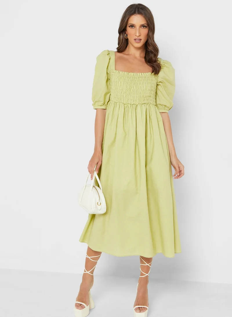 GLAMOROUS Broad Neck Pleat Detail Shirred Dress